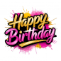 Preview: Bügelbild mit „Happy Birthday“-Schriftzug in Gold und Pink, verziert mit Farbspritzern.