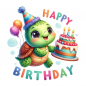Preview: Bügelbild mit „Happy Birthday“-Schriftzug in Gold und Pink, verziert mit Schildkröte