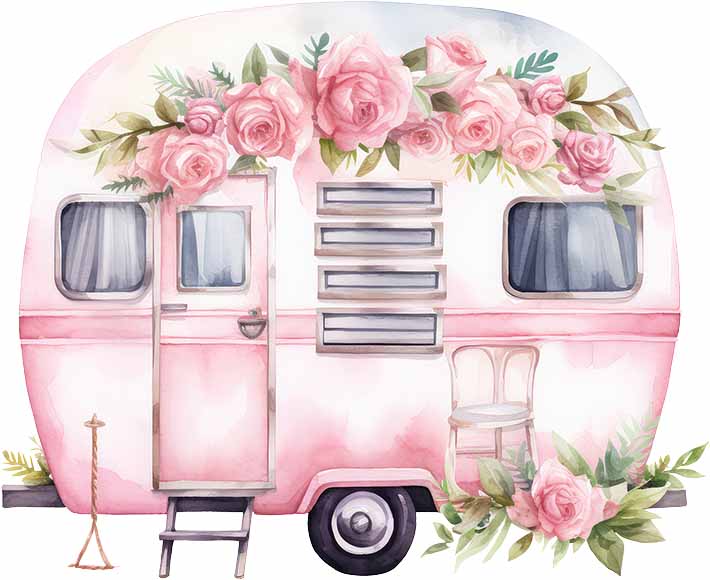 Camper Bügelbild rosa mit Blüten