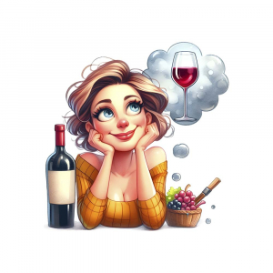 Bügelbild Witzige Frau mit Wein und in Gedanken
