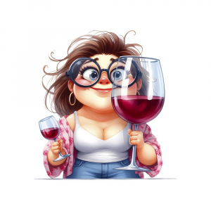 Bügelbild Witzige Frau mit Wein und riesigen Glas