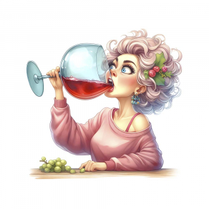 Bügelbild Lustige Frau mit Wein und riesigen Glas