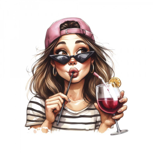 Bügelbild Lustige Frau mit Wein und Capy