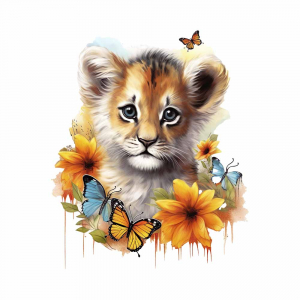Süßes Löwenbaby Bügelbild mit Schmetterlingen und gelben Blumen – Ideal zum Verzieren von Kleidung, T-Shirts & Textilien